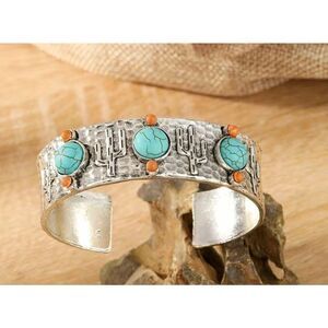 Silver Cuff Bracelet with Turquoise & Burnt Orange Gems